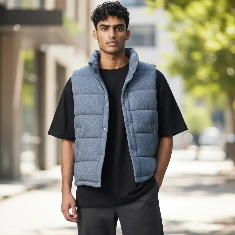 Banana Republic Puffer Vest M Blue Heathered Cotton Quilted Snap Front Vest